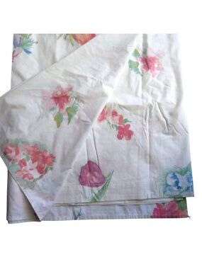 Vintage 70s Queen Flat Sheet Floral Design White No-Iron Made In USA